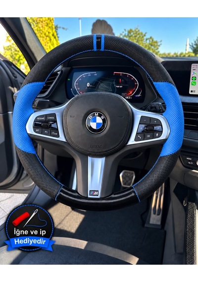 Bmw F30 Dikme Direksiyon Kılıfı Delikli Deri Parlak Siyah Mavi Detay Çift Yüzük Ve Dikiş 2012-2019
