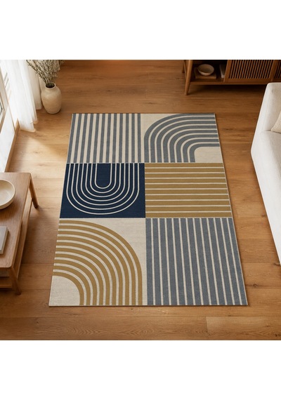 Kartela Halı Retro Çizgili Patchwork Halı Lacivert Kaymaz Taban Makinede Yıkanabilir 120x180 Cm