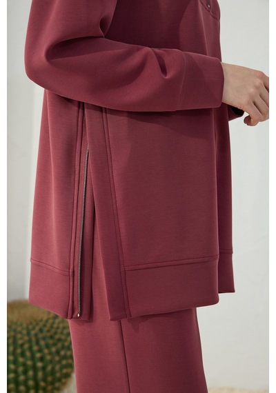 Aker Bordo Yakası Ve Yan Yırtmaçları Fermuarlı Modal Sweatshirt Bordo Bordo