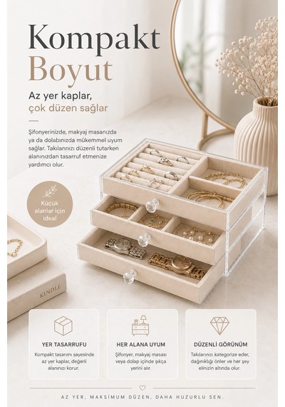 Çok Bölmeli Çekmeceli Takı Kutusu Kadife Dokulu Şeffaf Kapaklı Saklama Kabı