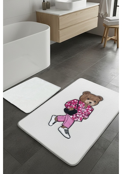 Boss Bear Ekru 2li Nakışlı Banyo Paspası ,kaymaz Tabanlı 60x100 50x60 Cm Ekru-ikili