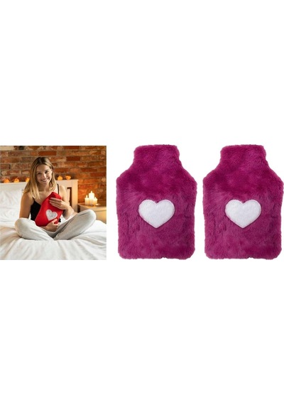 Sıcak Su Torbası 2 Adet,peluş Kalpli,pembe Termofor 29x17cm 750ml Pembe