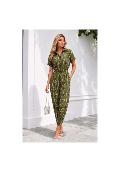 Kadın Modern Stil Tül Kumaş Kısa Kollu Tulum Haki