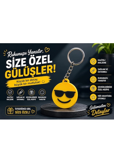 Emoji Anahtarlık , Gözlüklü Emoji Şeklinde Araç Anahtarlık - Emoji Araba Anahtarlığı