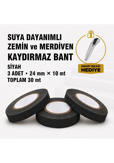 Suya Dayanımlı Siyah Kaydırmaz Bant 24 Mm X 10 Mt 3 Lü Set Maket Bıçağı Hediyeli
