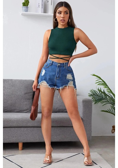Kapsulavm Kadın Yeşil Çapraz Bağlamalı Crop Top Büstiyer