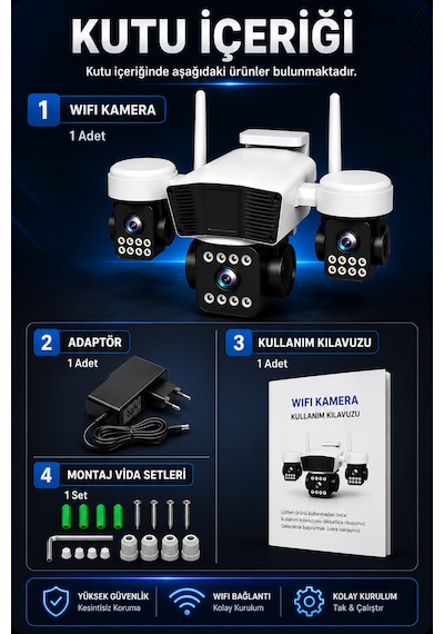 ARM-95W 3 Kameralı Güvenlik Kamerası 15MP Ultra Hd Ptz Hareketli Akıllı Ip Kamera  V380 Pro Gece Görüşlü Sesli Dış Mekan