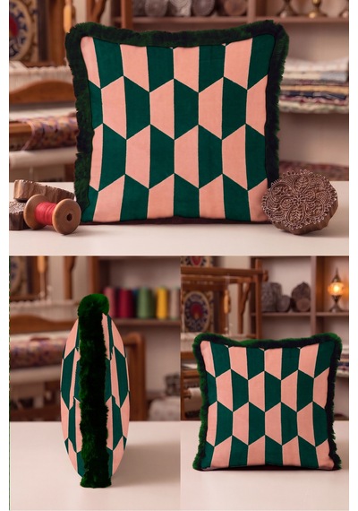 Geometrik Art Deco Kadife Saçaklı Yastık Kılıfı - Zikzak Bohem Pudra Siyah Püsküllü Kırlent Kılıfı Mavi