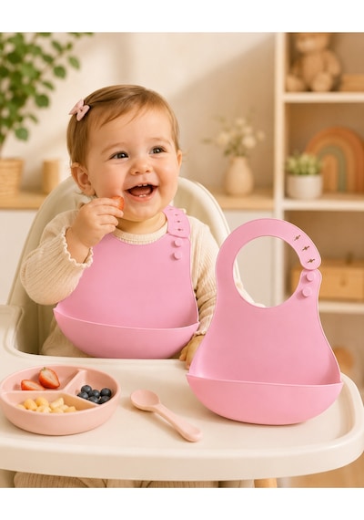 Silikon Mama Önlüğü Su Geçirmez Ayarlanabilir Bebek Önlüğü Bpa İçermeyen Geniş Cepli Beslenme Önlüğü Pembe