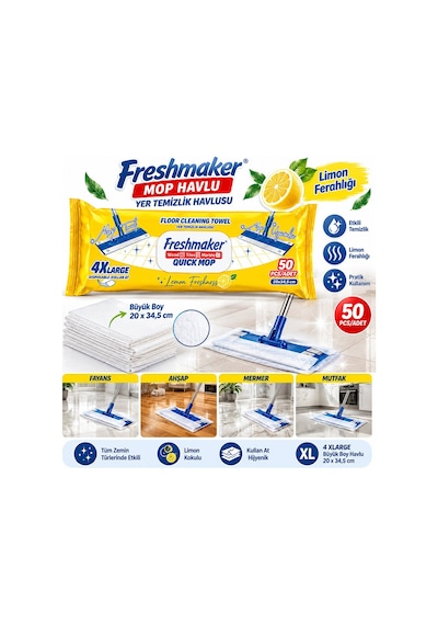 Freshmaker Limon Mop Islak Havlu 50 Yaprak 4xl 20x34.5 Cm- 6'li Paket Tekli