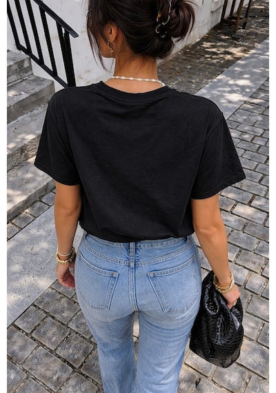 Panda Baskılı Unisex Basic Tişört Rahat Kesim Günlük Stil Siyah