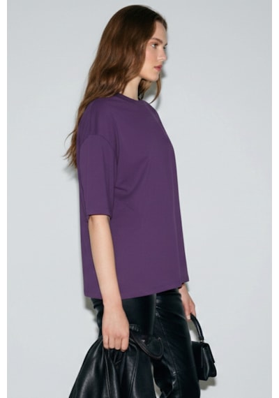 Soft&Basic Kadın %100 Organik Pamuk Oversize Fit Basic Yuvarlak Yaka T-shirt Mor