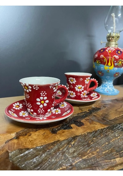 2 Adet Çini Desenli Kahve Fincanı Çini Lale Desenli Tabaklı Fincan Seti 4 Parça - Kırmızı Kirmızı