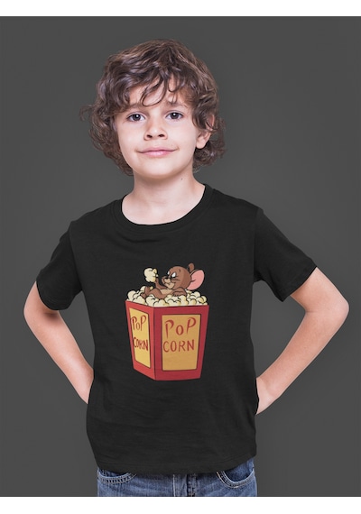 Bumeta Tom And Jerry Pop Corn Kedi Çizgi Film Çocuk Tişört T-shirt Siyah