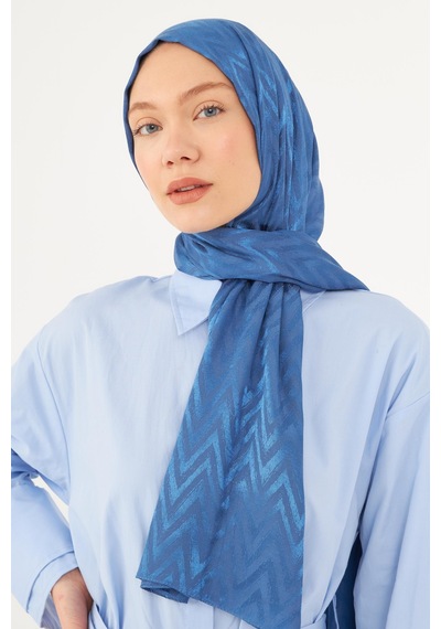 Mirsoy Scarf Zikzak Desen Parlak Jakar Şal - Mavi Mavi