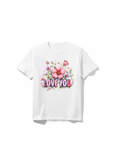 Urbantrendstore Çicek Temalı Love You Unisex Kız Çocuk Bisiklet Yuvarlak Yaka Basic Kısa Kollu %100 Pamuk Tişört Beyaz