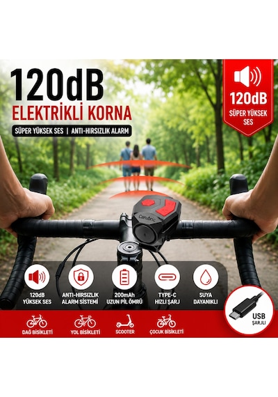 Triline 120 Db Usb Şarjlı Bisiklet Kornası Alarm Zili Anti Hırsızlık Elektrikli Korna Scooter Siyah