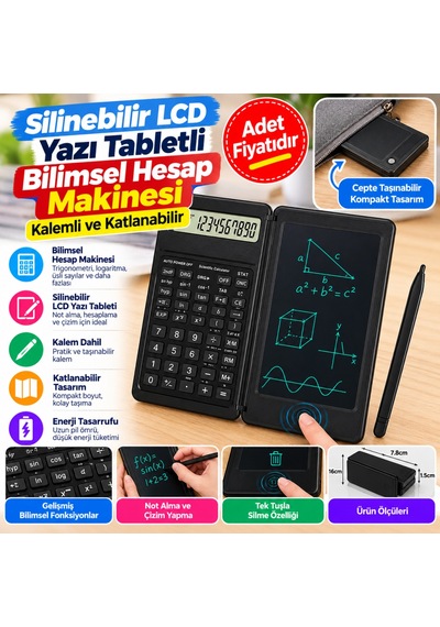 Silinebilir Lcd Yazı Tabletli,kalemli Katlanabilir Bilimsel Hesap Makinesi Belirtilmemiş