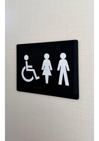 Siyah Pleksi Kadın Erkek Engelli Wc Levhası Unisex Tuvalet Yönlendirme Tabelası
