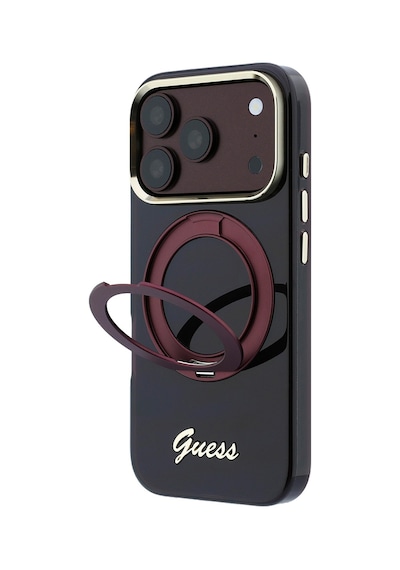 Apple iPhone Uyumlu 18 Pro Kılıf Guess Lisanslı M-safeli Dönebilen Standlı Metal Yazı Logolu Silikon Kapak Bordo