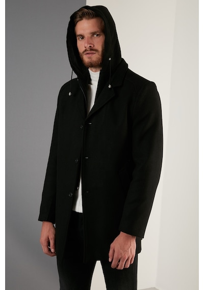 Buratti Çıkarılabilir Kapüşonlu Kırçıllı Slim Fit Kaşe Erkek Kaban 5841013 Siyah