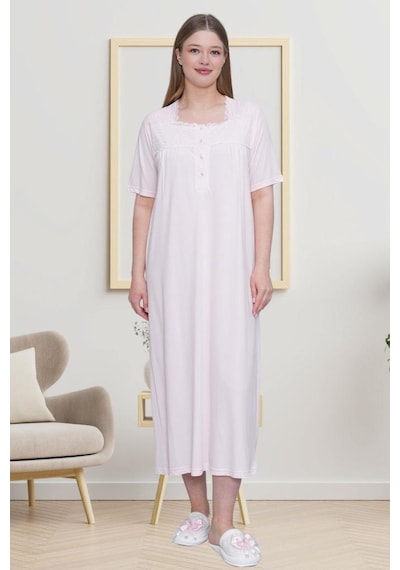 Mecit Pijama Mecit 6049 Pembe Büyük Beden Kısa Kollu Kadın Gecelik Pembe