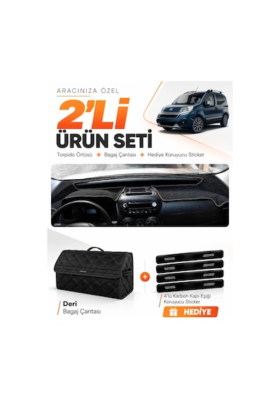 Fiat Fiorino 2007-2026 Uyumlu Torpido Örtüsü + Deri Bagaj Çantası + Sticker Seti - Siyah