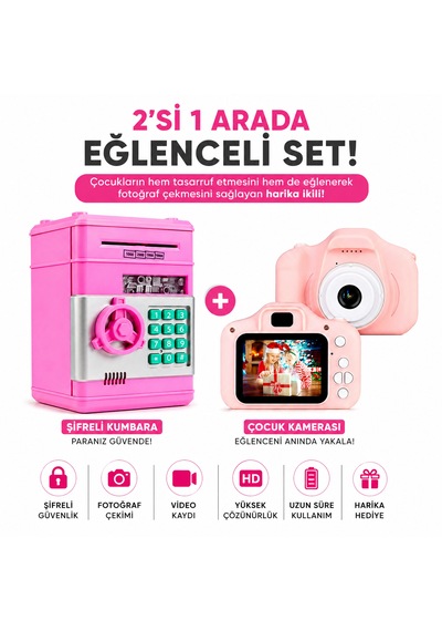 Çocuk Fotoğraf Makinesi + Şifreli Kumbara Seti Eğitici Oyuncak  Kamera Ve Para Kasası