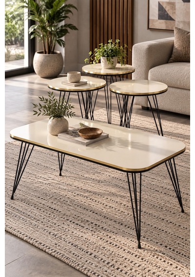 Sulorahome Siyah Tel Ayaklı Krem 4'lü Sehpa Seti