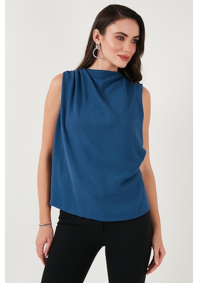Lela Slim Fit Dik Yaka Omuz Büzgülü Bayan Bluz 6527836 Indigo
