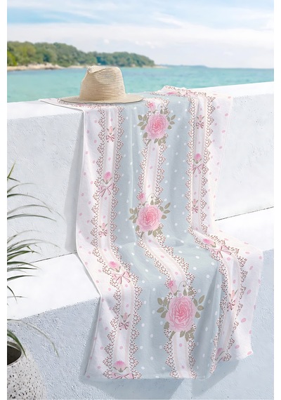Gül Çiçekli Dantel Detaylı Plaj Havlusu-vintage Romantik Pastel Mavi Hızlı Kuruyan Mikrofiber Havlu Kül Karamel