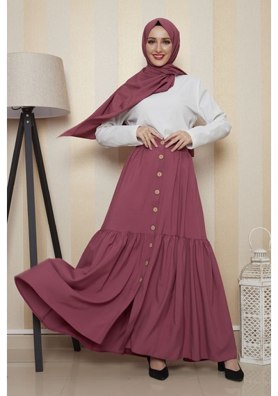 İbrahim Burak Etiler Collection Moda Çizgi Etek Gülkurusu