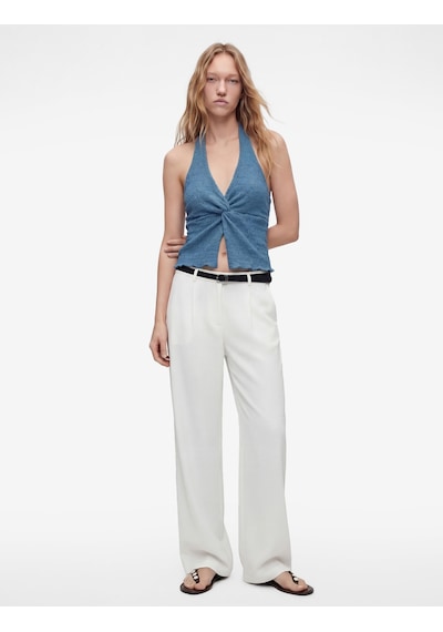 Koton Bürümcük Kolsuz V Yaka Halter Yaka Crop Bluz Mavi 6sal30107ık