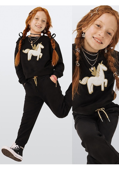 Kız Çocuk Peluş Unicorn %100 Panuk Kalın Siyah Eşofman Takım – Eğlenceli Tasarım (3-8 Yaş)
