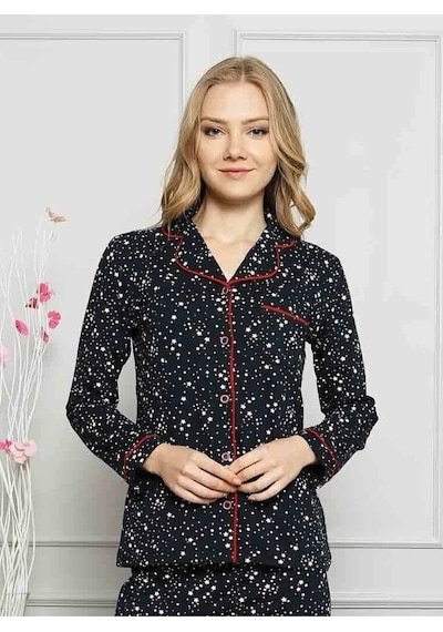 Farya Home Dreamy Yıldız Desenli Biyeli Gömlek Pijama Takımı Lacivert