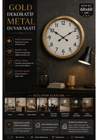 60 Cm Gold Metal Dekoratif Duvar Saati Dekoratif Metal Rakamlı