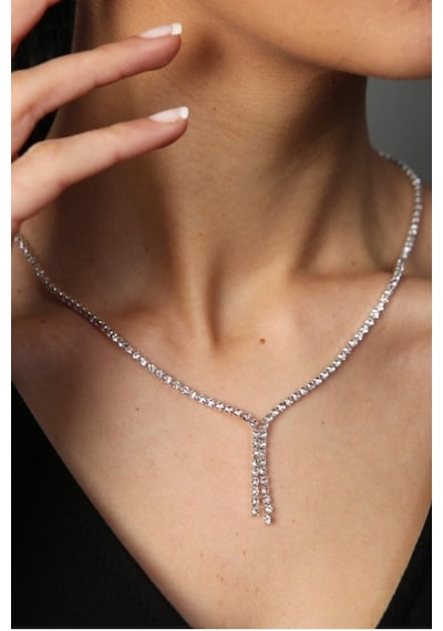 X-lady Accessories Gümüş Renk Zirkon Su Yolu Abiye Kolye - 2418 Kırmızı