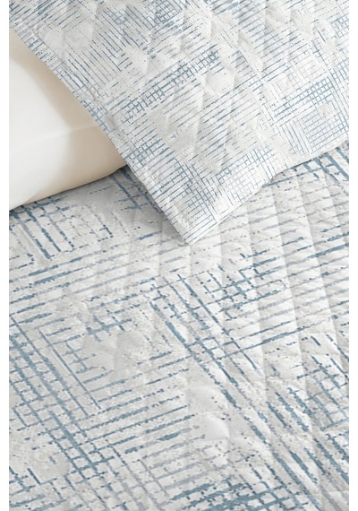 Mavi Geometrik Modern Tek Kişilik Pike Takımı - Beyaz Minimal Çizgili 160x220 Cm Yatak Örtüsü Lavantaımsı Kabuğu Demi