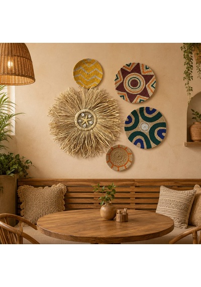 Momiko 5li Bohem El Yapımı Hasır Duvar Tabağı Seti - Etnik Set Boho -