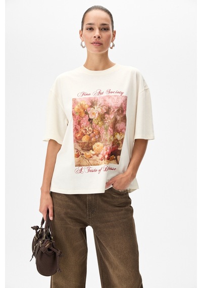 Grımelange Olende Kadın Relaxed Fit Baskılı Yuvarlak Yakalı Ekru T-shirt