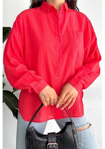 Femelle Kadın Nar Çiçeği Düşük Omuz Tek Cep Basic Oversize Geniş Kalıp Gömlek