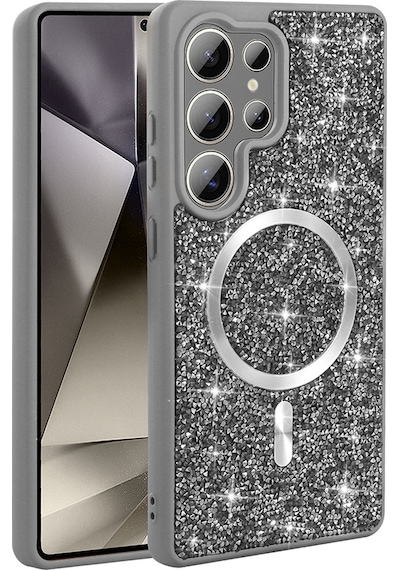 Galaxy S25 Ultra Uyumlu Kılıf Pırlanta Tasarımlı Magsafe Şarj Özellikli Zore Mozaik Silikon Kapak - Gri