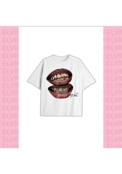 Noıssey Beyaz Grillz Tee Baskılı Oversize Unisex Kadın/erkek Bisiklet Yaka Pamuklu