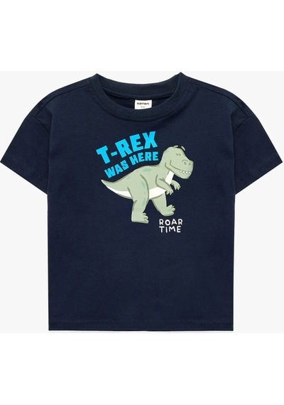 Koton Erkek Bebek Dinozor Baskılı Kısa Kollu Bisiklet Yaka Pamuklu Tişört Lacivert