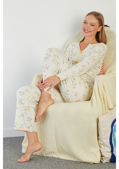 Fullamoda Çiçek Desenli V Yaka Pijama Takımı Sarı