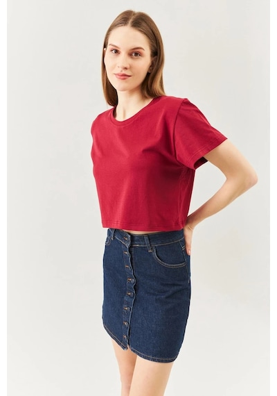 Kadın Rahat %100 Pamuklu Penye Bisiklet Yaka Kısa Kol Basic Crop T-shirt Bordo