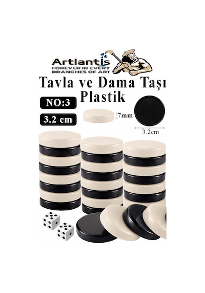 Tavla Pulu Orta Boy No:3 1 Paket Tavla Ve Dama Taşı Plastik 3.2 Cm Zar Hediyeli Gri Siyah 32 Mm Oyun Pulu