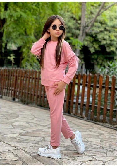 Modavals Tüy Detay Kollu Kız Çocuk Eşofman Takımı - Pembe