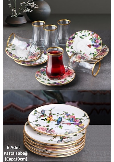 Flora 18 Parça Çay Bardaklı Seramik Pasta Tabağı Seti - Kup119f Beyaz