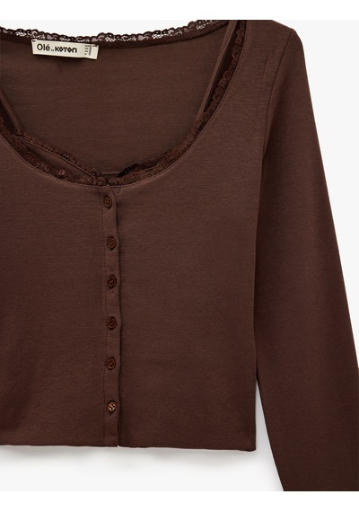 Koton Modal Karışımlı Dantel Detaylı Slim Fit Kısa Kollu U Yaka Hırka Kahverengi 6sal90025ık Kahve